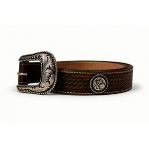 Vtg Y2K Justin Leather Men's Western Tooled Engraved Leather Belt Sz 42 Buckle